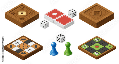 Isometric board game elements with wooden blocks, cards, dice, and pawns