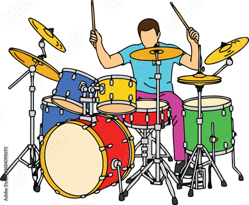 energetic drummer playing colorful drum kit