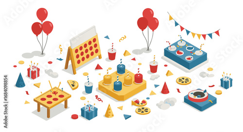 Isometric birthday celebration with games, balloons, and decorations