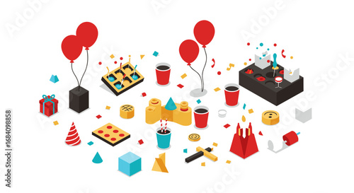 Colorful isometric party scene with balloons, gifts, and drinks