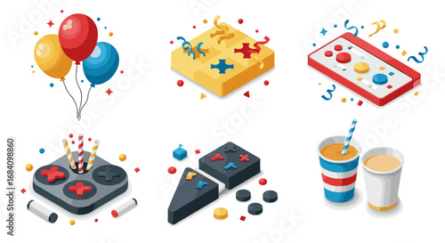 Party game elements with balloons, puzzles, and drinks in isometric style