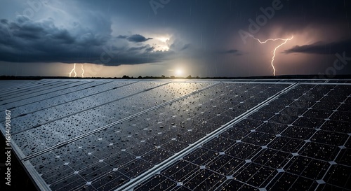 Solar panels during thunderstorm with lightning rain dark clouds