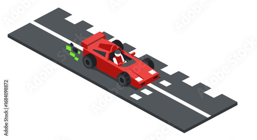 Racing car on track in isometric style with checkered flag background