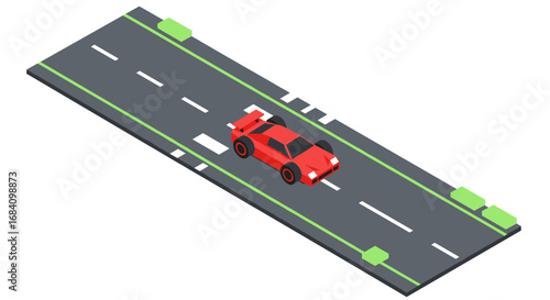 Red sports car on urban road in isometric style for traffic designs