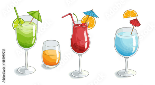 Colorful tropical cocktails with umbrellas featuring citrus and cherry garnishes