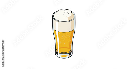 Frothy beer pint with golden bubbles on white background