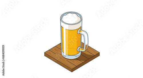 Refreshing glass of beer on wooden coaster in isometric style