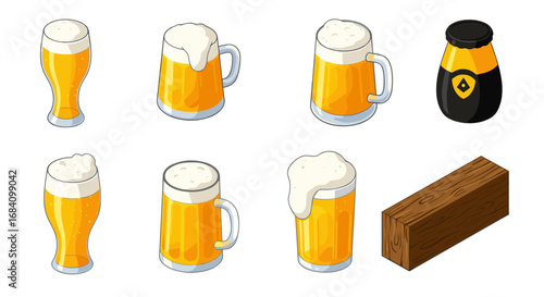 Stylized craft beer glasses and barrel in isometric style