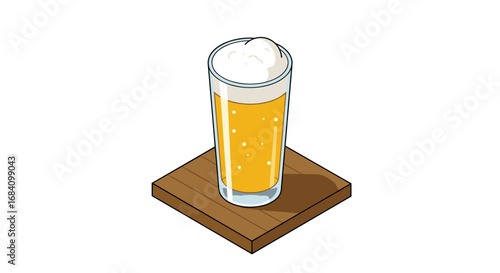 Refreshing beverage in a glass with foam on wooden surface in isometric style