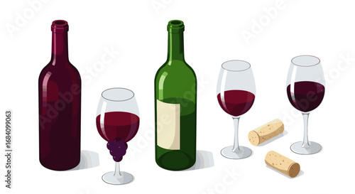 Glass bottles and red wine illustration featuring realistic corks and elegant glasses