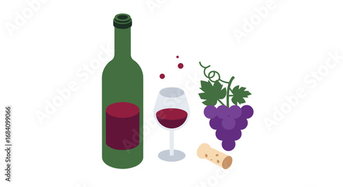 Elegant wine bottle with glass and grapes in minimalist flat design