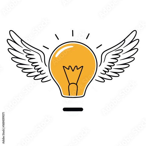 A glowing light bulb with wings, isolated on white background.