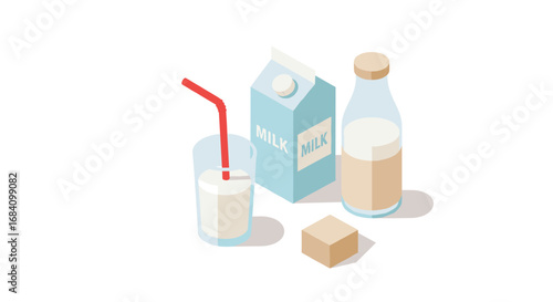 Minimalist isometric milk and beverage set with carton, glass, and bottle
