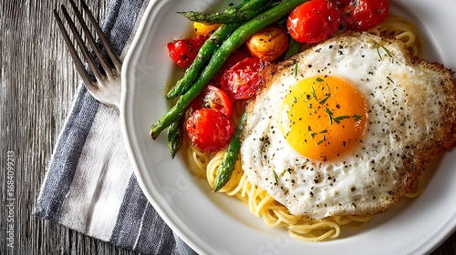 A sunny side up egg is served with asparagus and tomatoes over pasta for a delicious brunch dish.