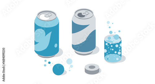 Isometric blue soda cans and sparkling water with bubbles