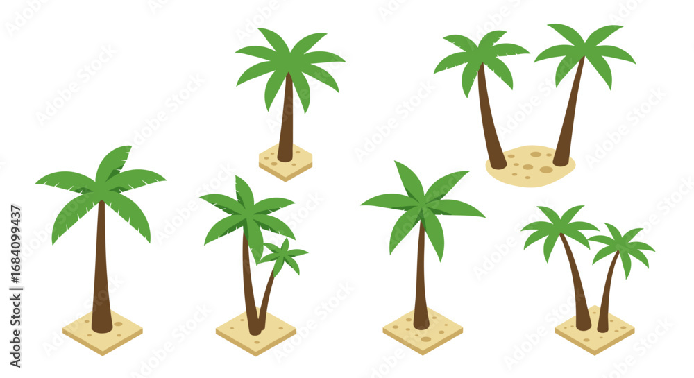 Naklejka premium Isometric palm trees on sandy islands for tropical design projects