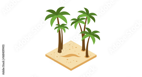 Isometric palm trees on sandy island: tropical minimalist design