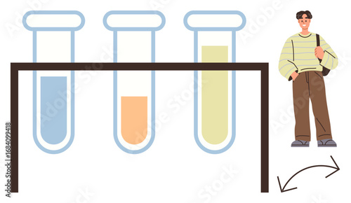 Three test tubes with colorful liquids on a stand, accompanied by a student holding a bag. Ideal for education, chemistry, science, learning, research, STEM, simple flat metaphor