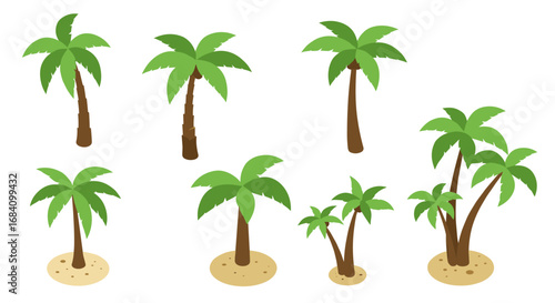 Isometric palm trees collection on sandy base: tropical nature elements
