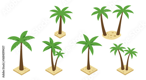 Isometric palm trees on sandy islands for tropical design projects