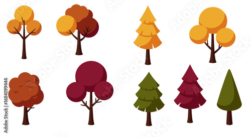 Colorful autumn and evergreen trees set on white background