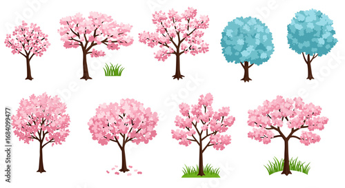 Spring bloom trees collection featuring cherry blossoms and green foliage