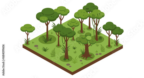 Lush isometric forest with diverse trees and greenery on white background