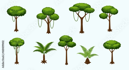 Set of lush exotic jungle trees with various shapes and styles