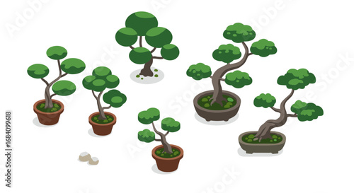 Isometric potted bonsai trees collection with different shapes and styles