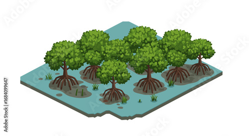 Isometric mangrove forest with lush green foliage and exposed roots