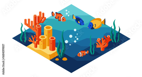 Isometric underwater scene with colorful tropical fish and coral reefs