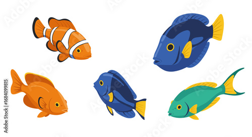 Colorful tropical fish collection on white background