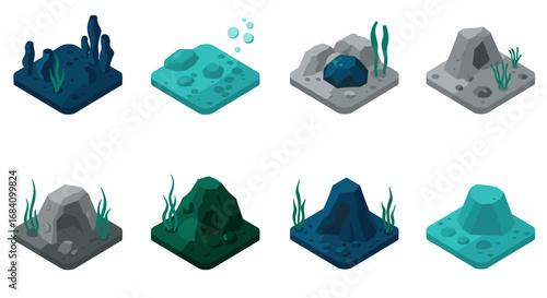 Isometric underwater and land terrain tiles with rocks and plants