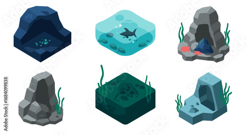 Isometric aquarium rocks and coral set with seaweed elements