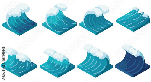 Isometric ocean waves with foam crests in diverse styles and angles