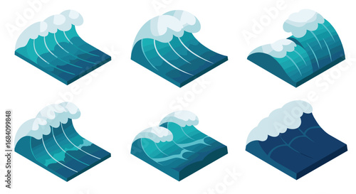 Collection of isometric ocean waves with different shapes and styles