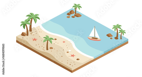 Isometric tropical beach scene with palms and sailboat