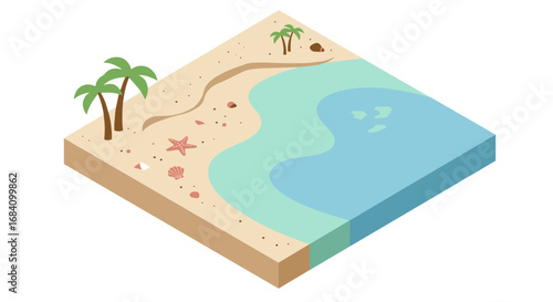 Isometric tropical beach scene with palm trees, sand, and ocean