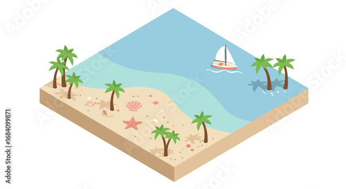 Isometric tropical beach with palm trees and sailing boat on tranquil sea
