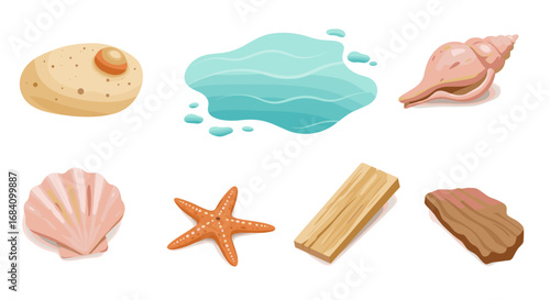 Beach treasures: seashells, starfish, natural elements expressed in a charming flat design