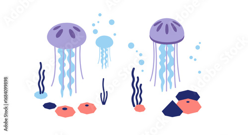 Colorful jellyfish swimming in a minimalist underwater scene with coral reefs