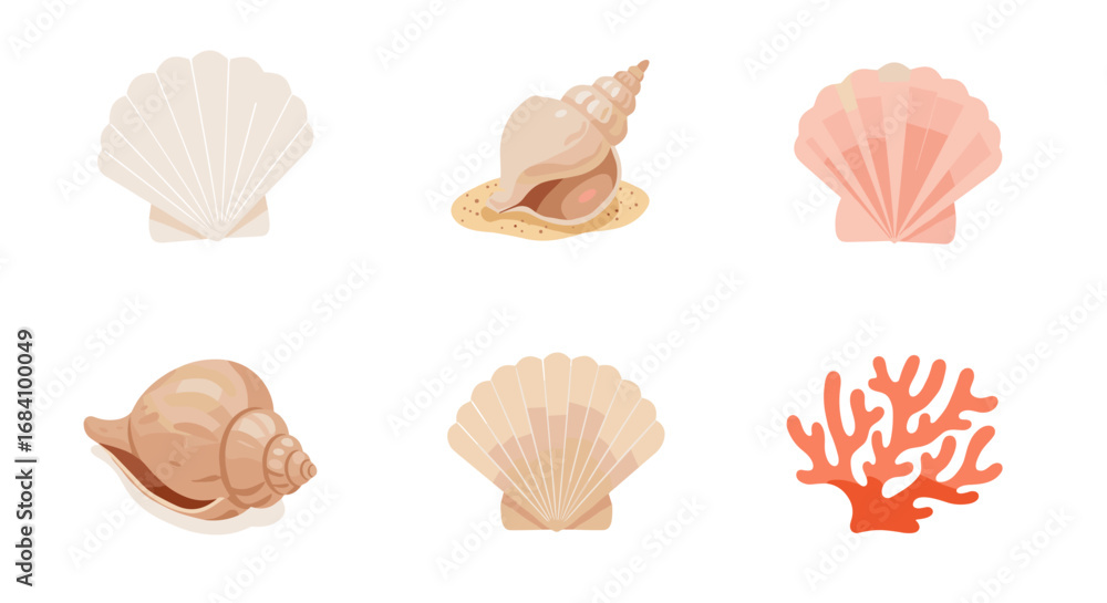 Fototapeta premium Assorted seashells and coral set on white background
