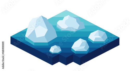Geometric icebergs floating on stylized layers of deep blue ocean