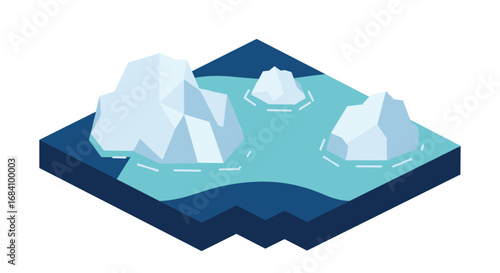 Isometric icebergs in oceanic landscape: minimalist arctic scene