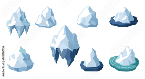 Collection of flat style iceberg designs on white background