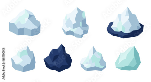 Collection of blue icebergs in flat geometric style for nature and environment designs