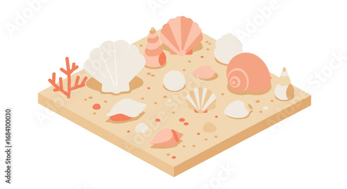 Isometric seashell collection on sand with coral elements