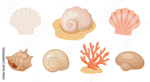 Seashell and coral collection with nautical elements in flat design