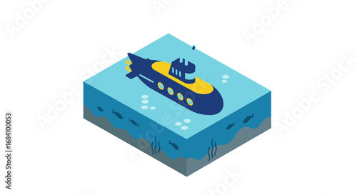 Isometric submarine in ocean slice with marine life