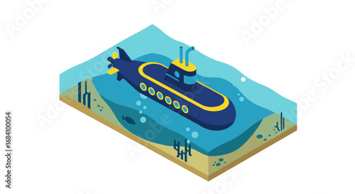Isometric submarine exploring underwater scene with marine life and bubbles